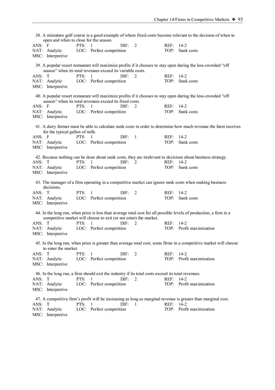 Chapter 14 Firms in Competitive Markets Multiple Choice True False - Page 5