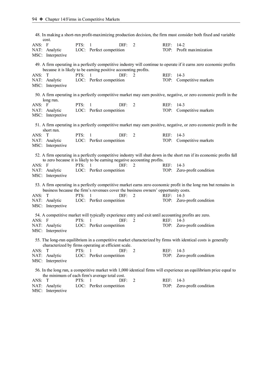 Chapter 14 Firms in Competitive Markets Multiple Choice True False - Page 6