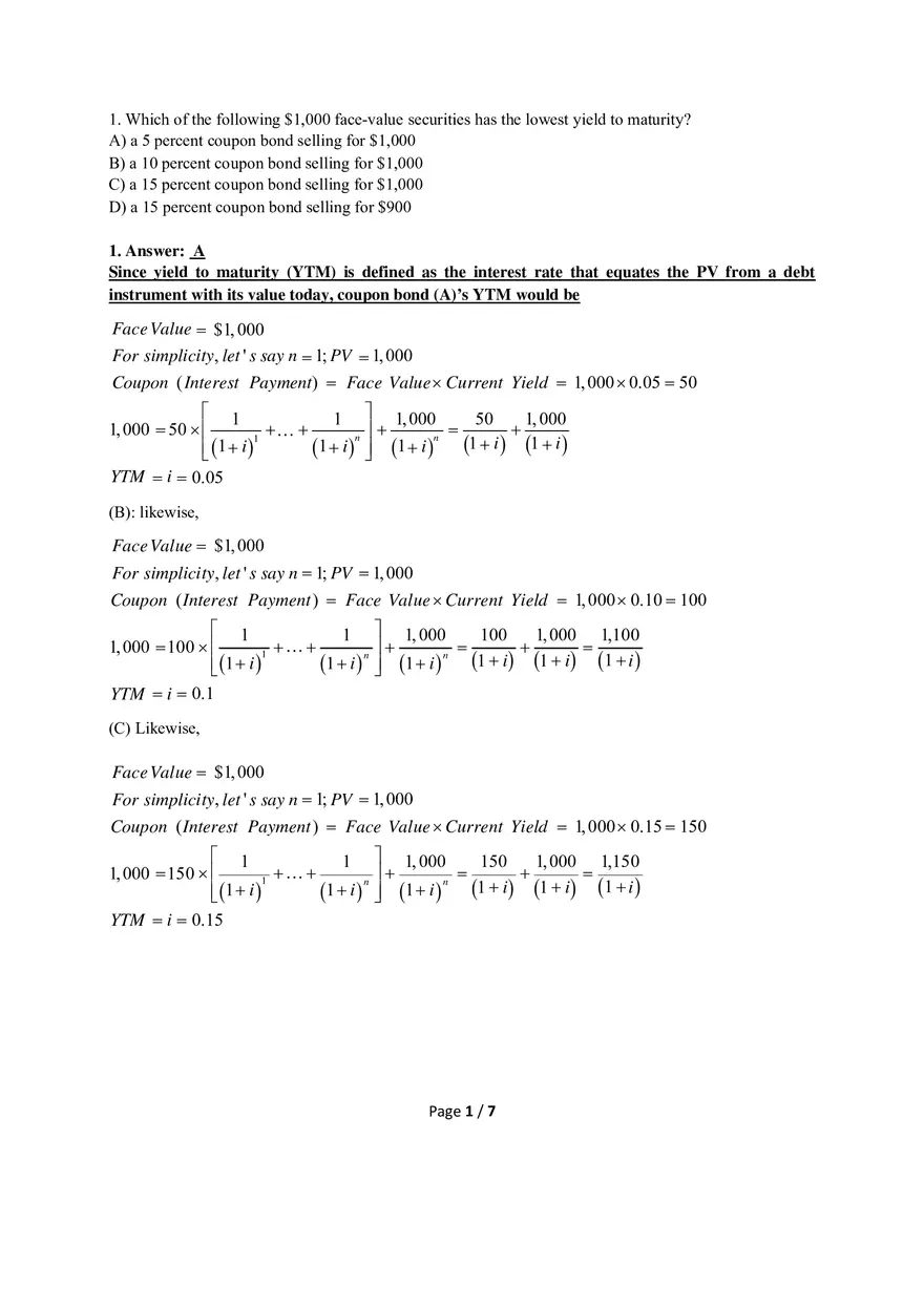 Which of the Following Face-Value Securities Has the Highest Yield to Maturity - Page 1