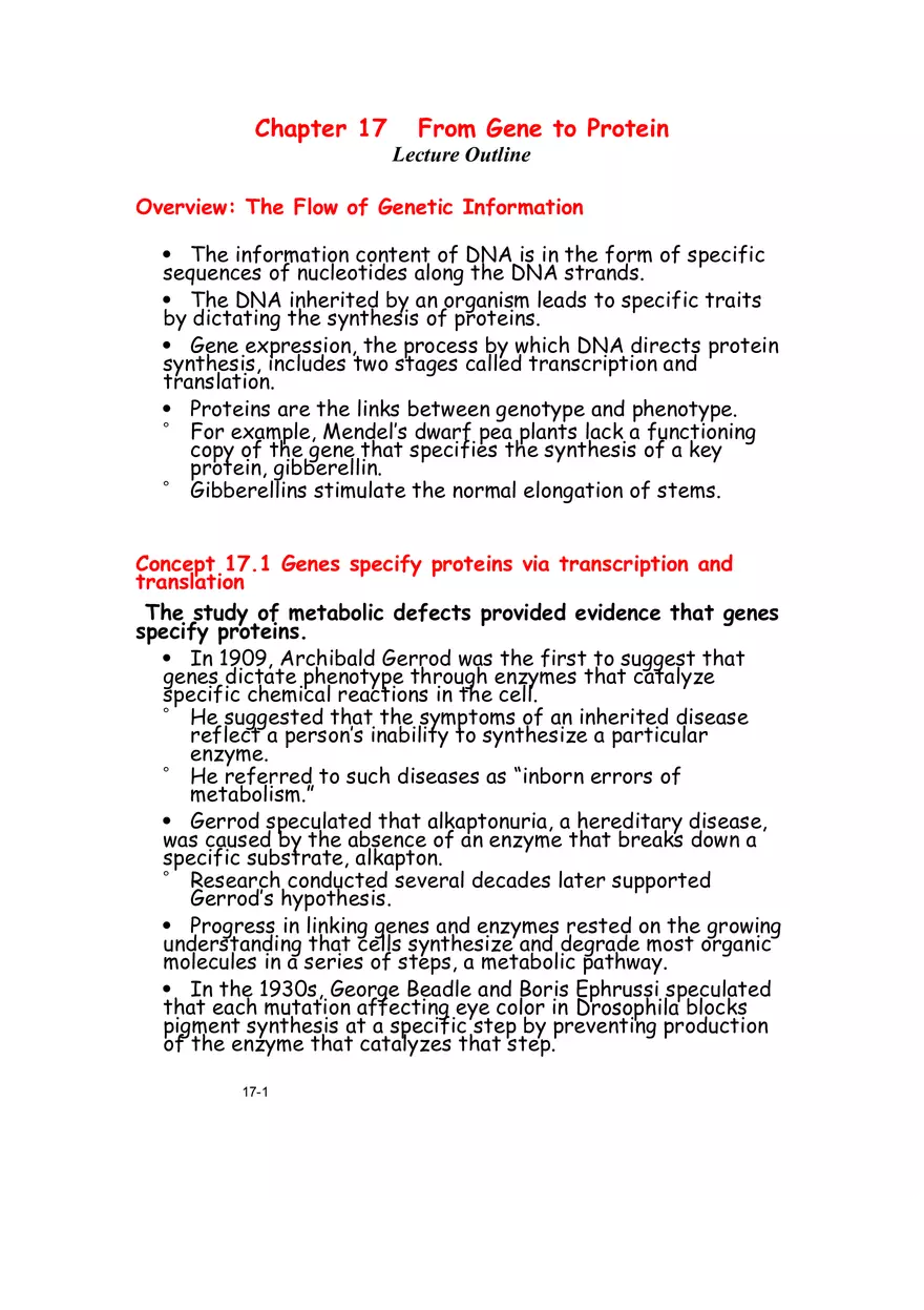 Chapter 17 From Gene to Protein Lecture Note - Page 1