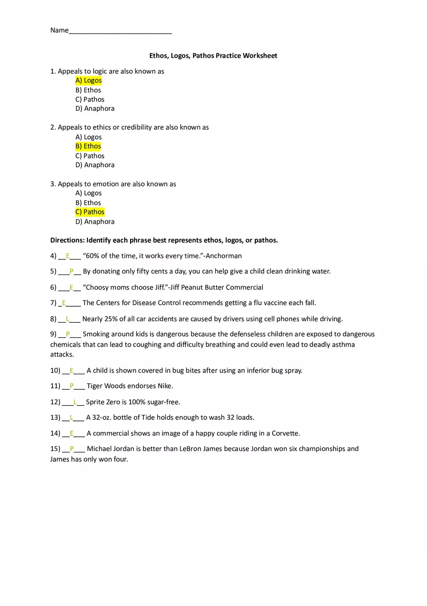 Ethos, Logos, Pathos Practice Worksheet - Page 1