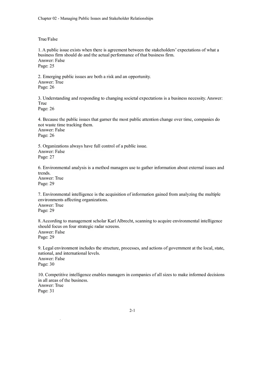 Chapter 02 - Managing Public Issues and Stakeholder Relationships True False - Page 1