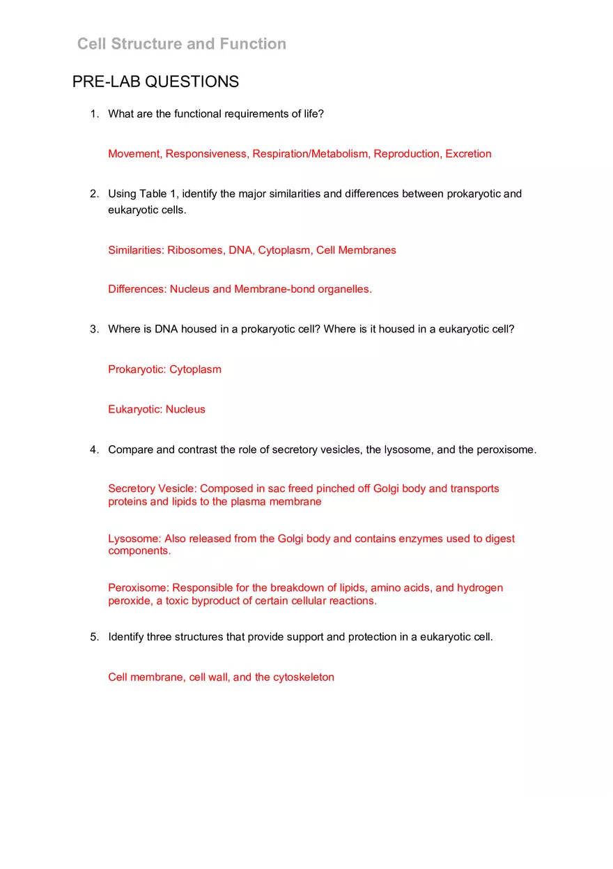 Cell Structure and Function Pre-lab Questions - Page 1