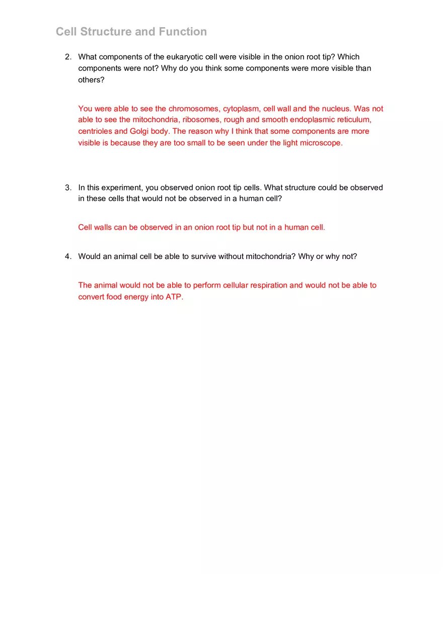 Cell Structure and Function Pre-lab Questions - Page 3