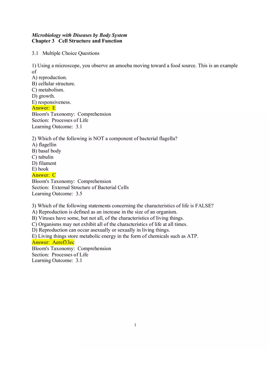 Chapter 3 Cell Structure and Function Multiple Choice - Page 1
