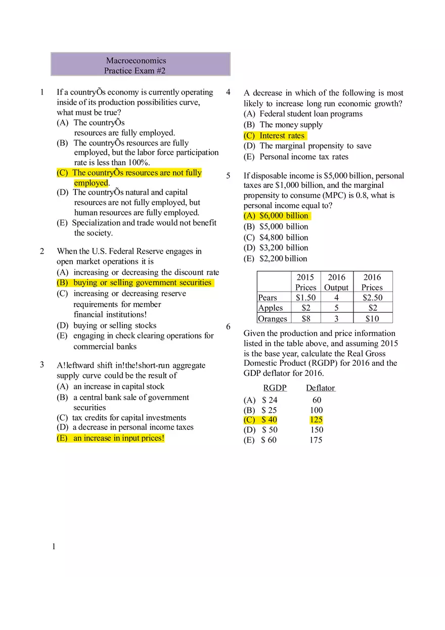 Macroeconomics Practice Exam #2 - Page 1