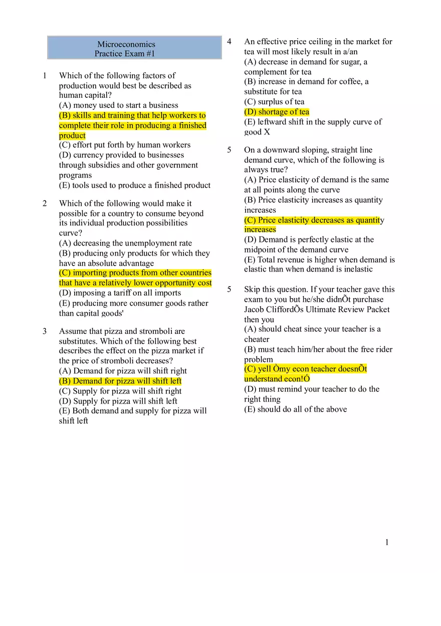 Microeconomics Practice Exam #1 - Page 1