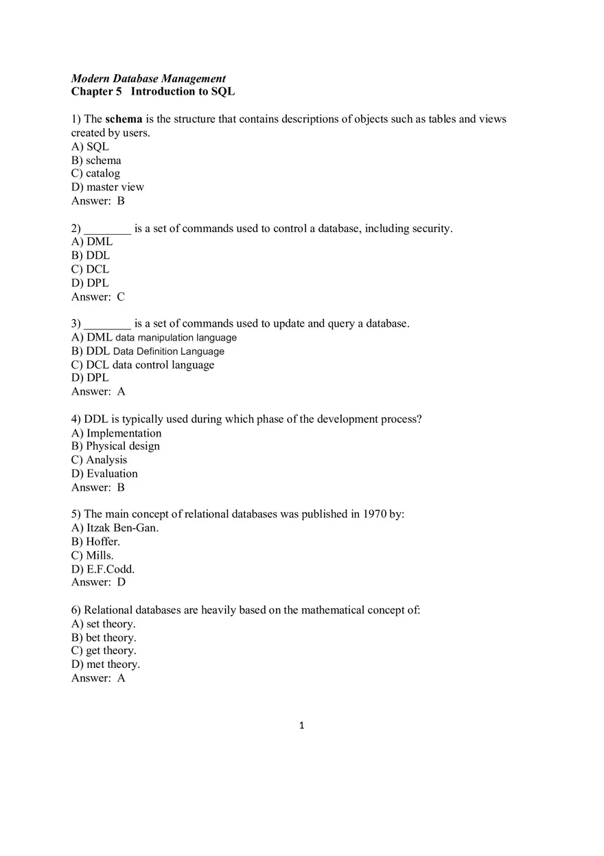 Chapter 5 Introduction to SQL Multiple Choice - Page 1