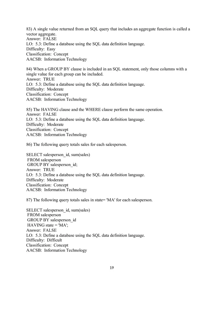 Chapter 5 Introduction to SQL True False - Page 7