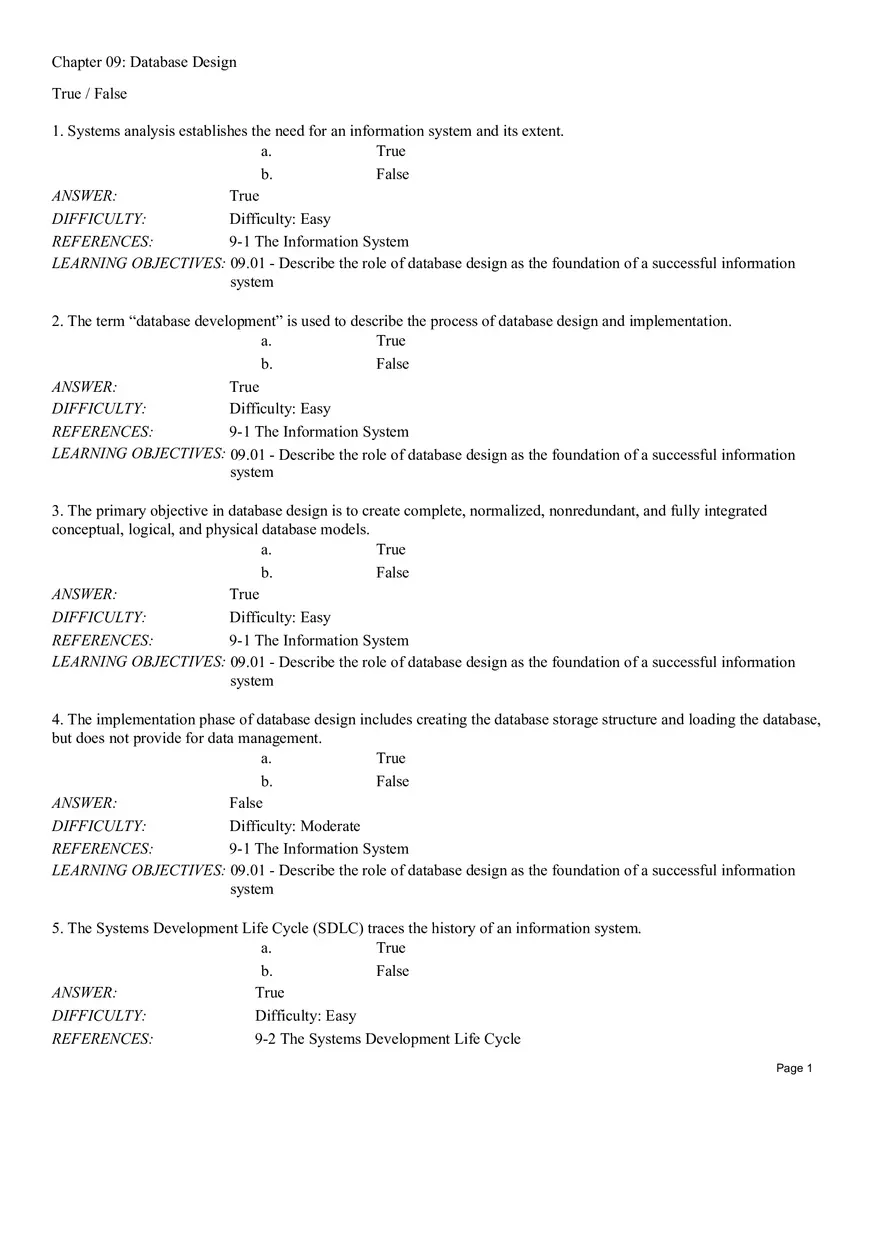 Chapter 09 Database Design True False - Page 1