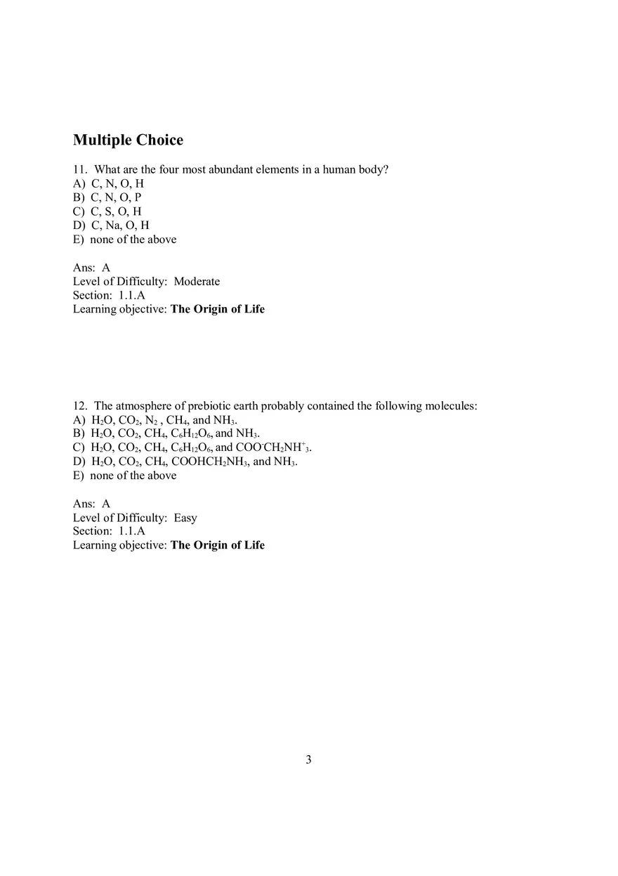 Chapter 1 Introduction to the Chemistry of Life  Multiple Choice - Page 1