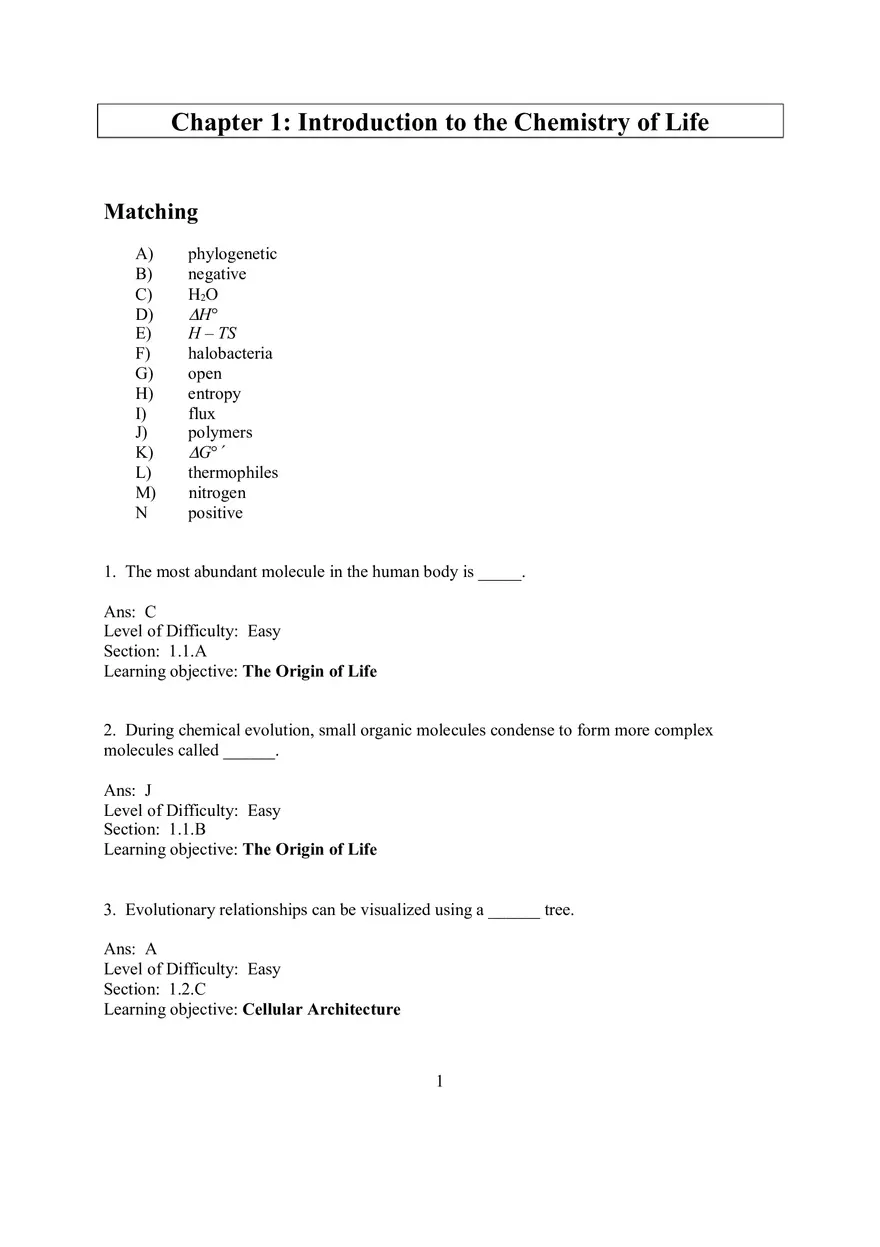Chapter 1 Introduction to the Chemistry of Life  Matching - Page 1
