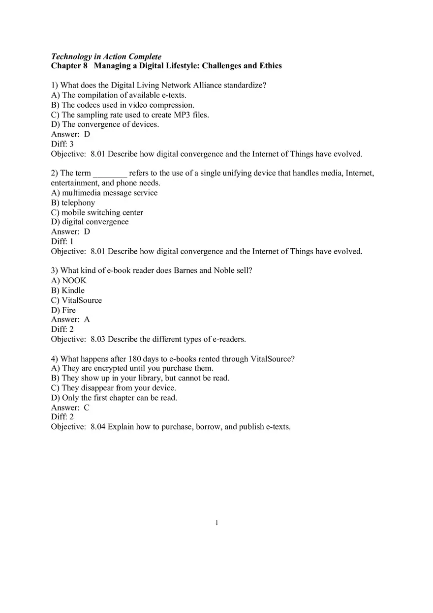 Chapter 8 Managing a Digital Lifestyle Challenges and Ethics Multiple Choice - Page 1