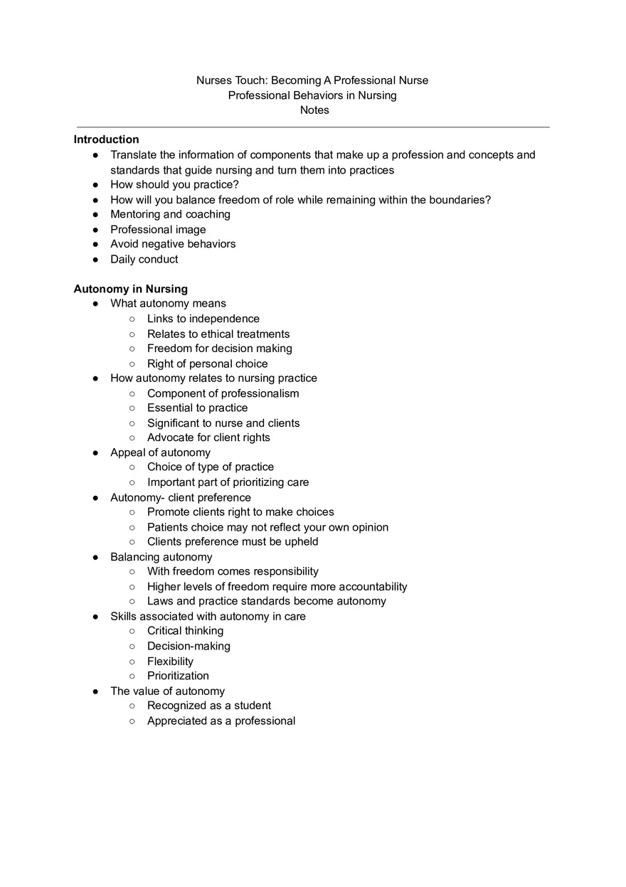 Professional Behaviors in Nursing Notes - Page 1