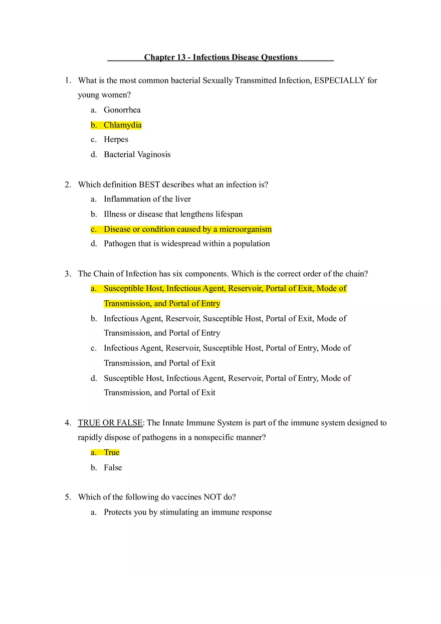 Chapter 13 Infectious Disease Questions - Page 1