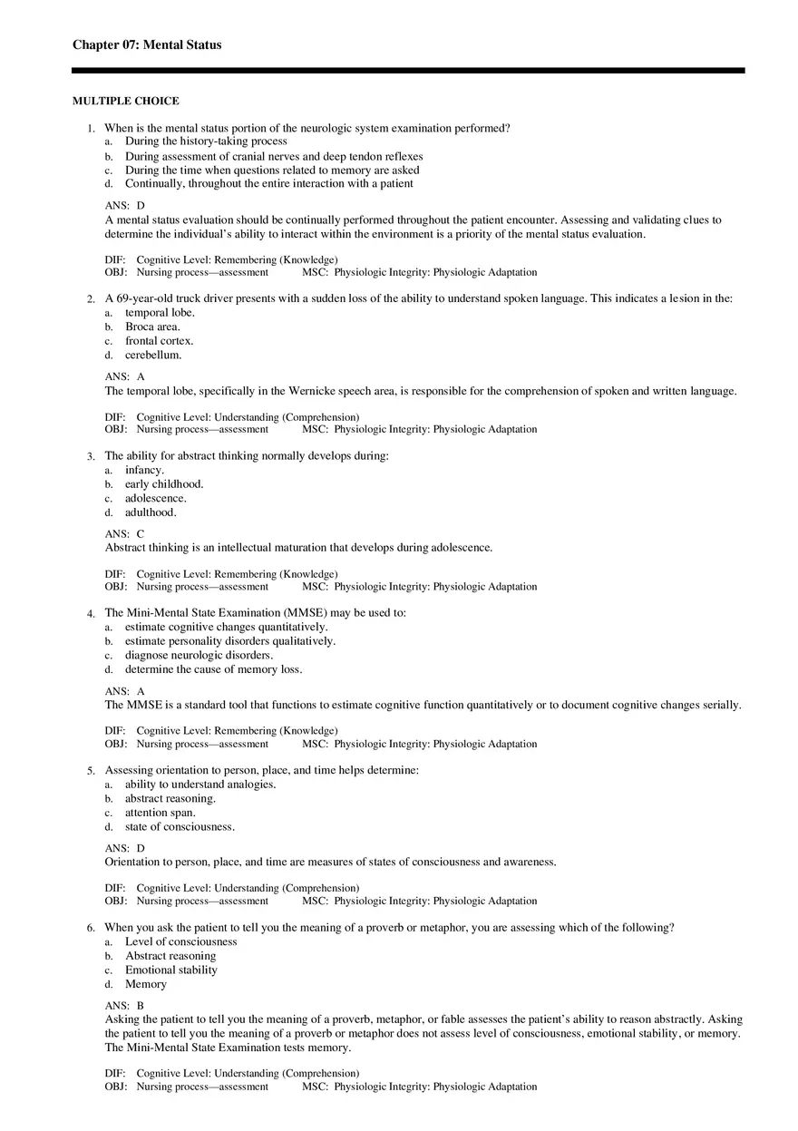 Chapter 07 Mental Status Answers - Page 1