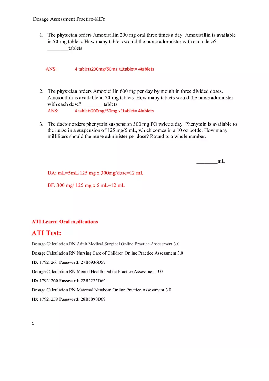 Dosage Assessment Practice-Key - Page 1