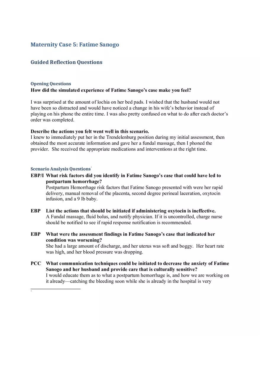 Maternity Case 5 Fatime Sanogo Opening Questions - Page 1
