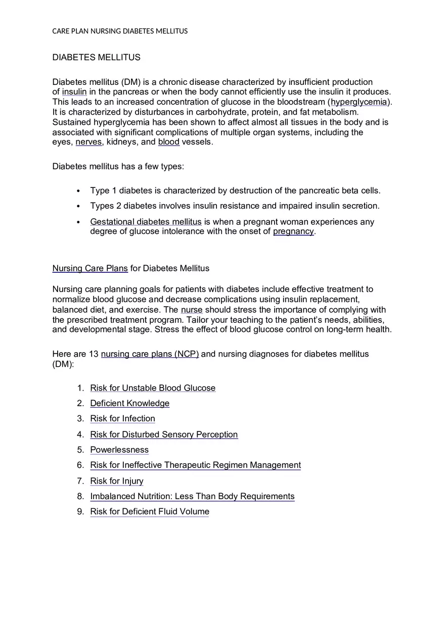 Care Plan Nursing Diabetes Mellitus - Page 1