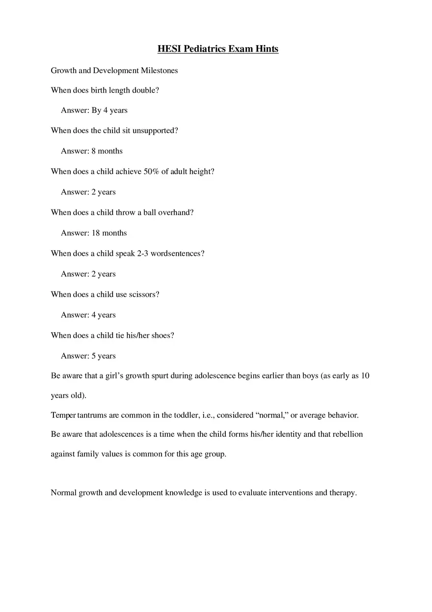 HESI Pediatrics Exam Hints - Page 1