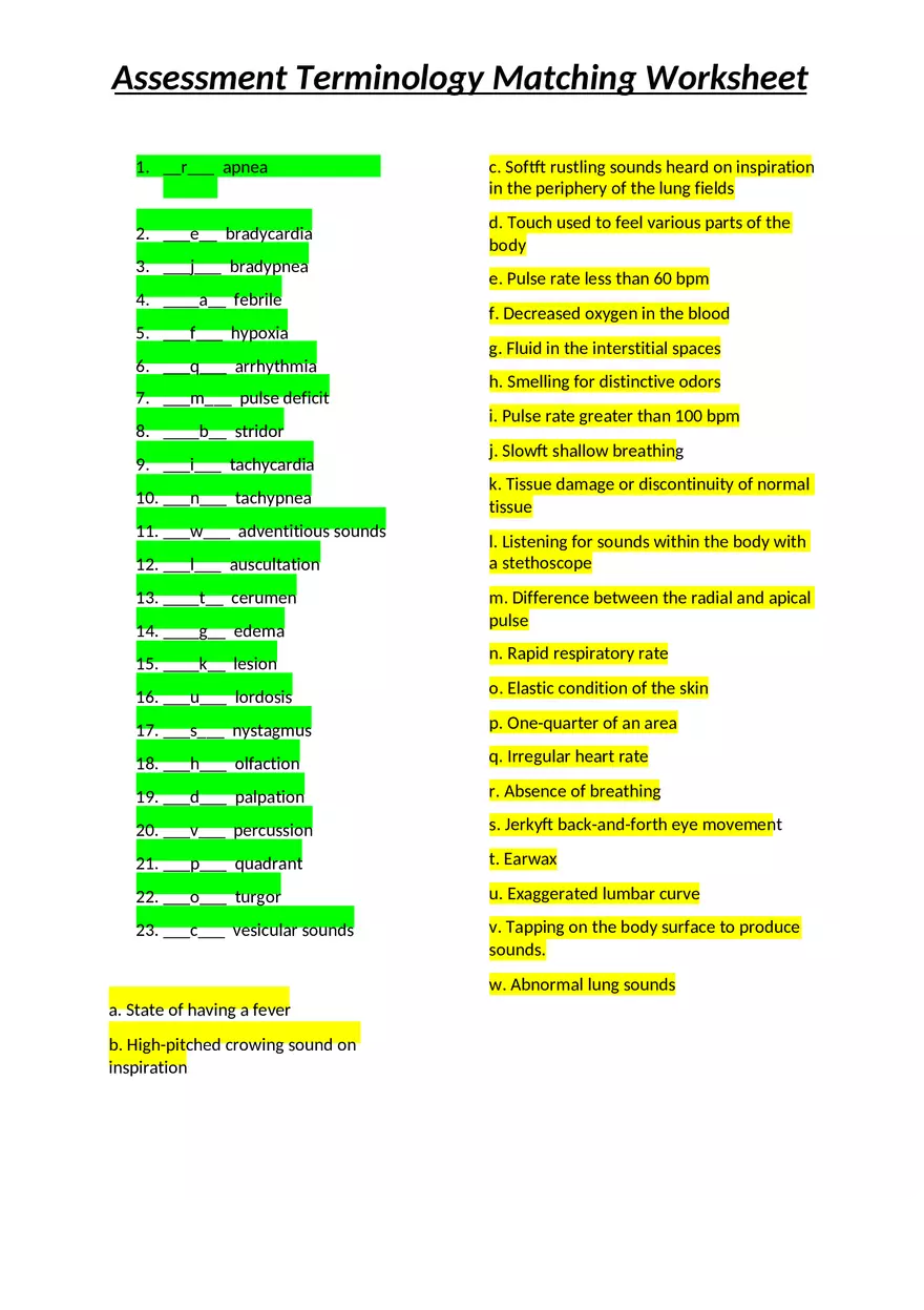 Assessment Terminology Matching Worksheet - Page 1