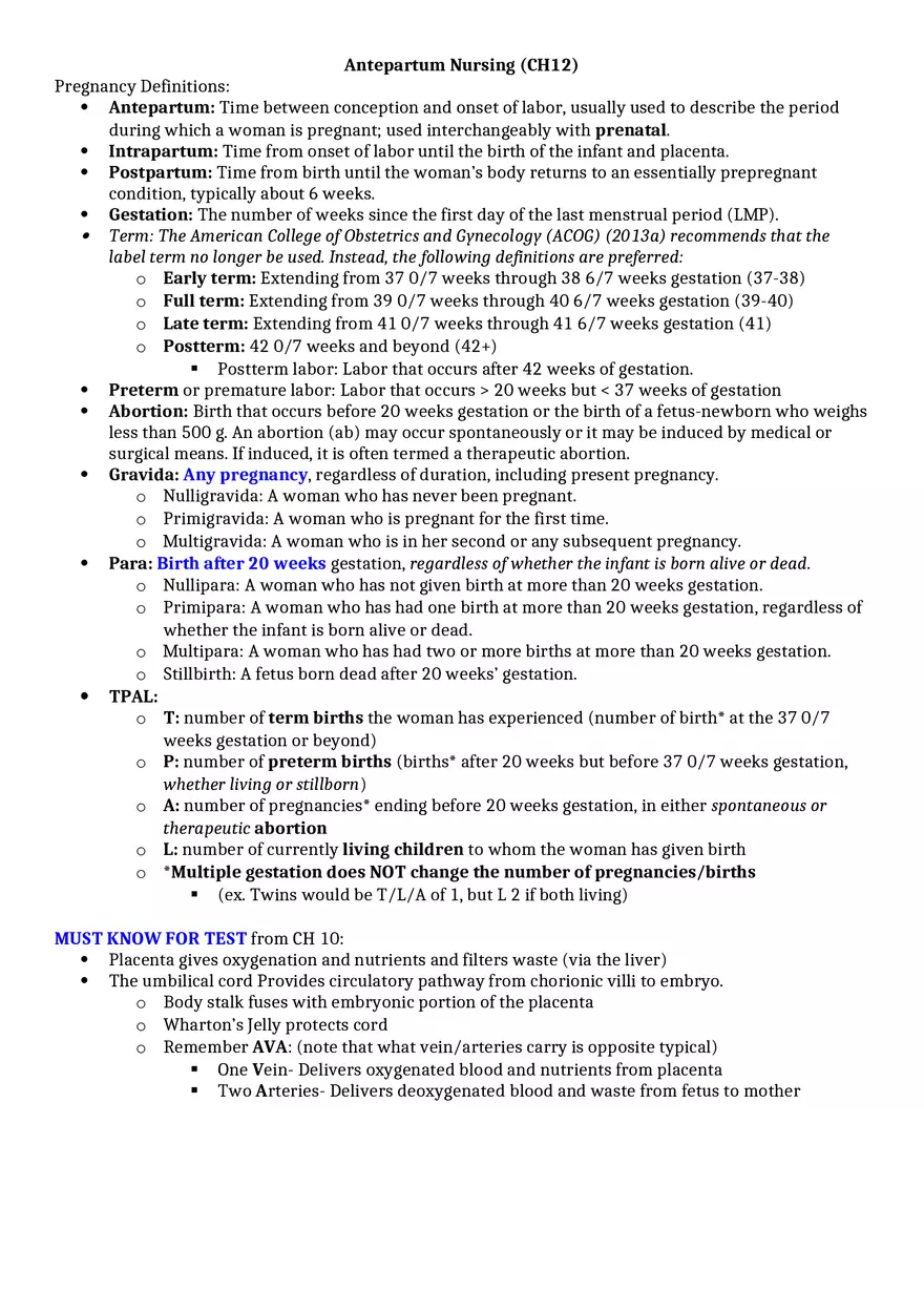 Antepartum Nursing (CH12) - Page 1