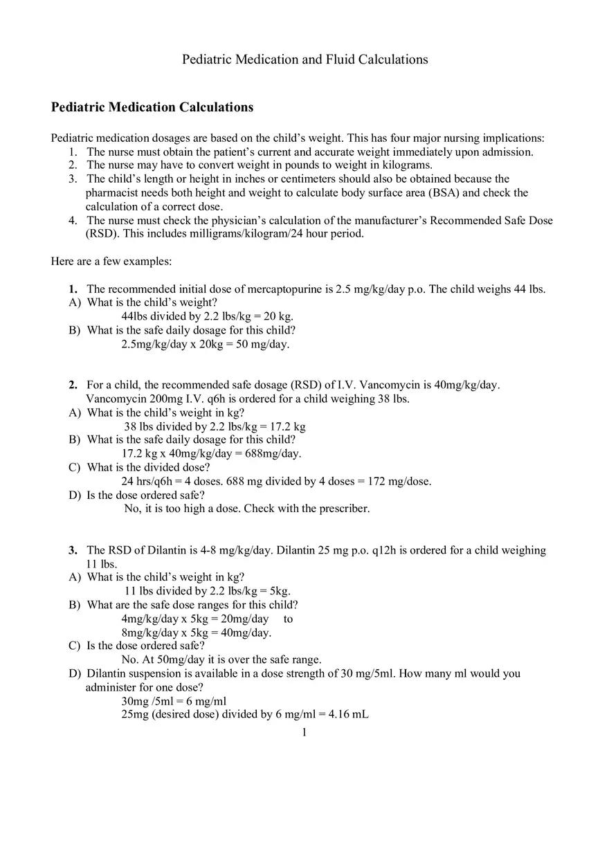 Pediatric Medication and Fluid Calculations - Page 1