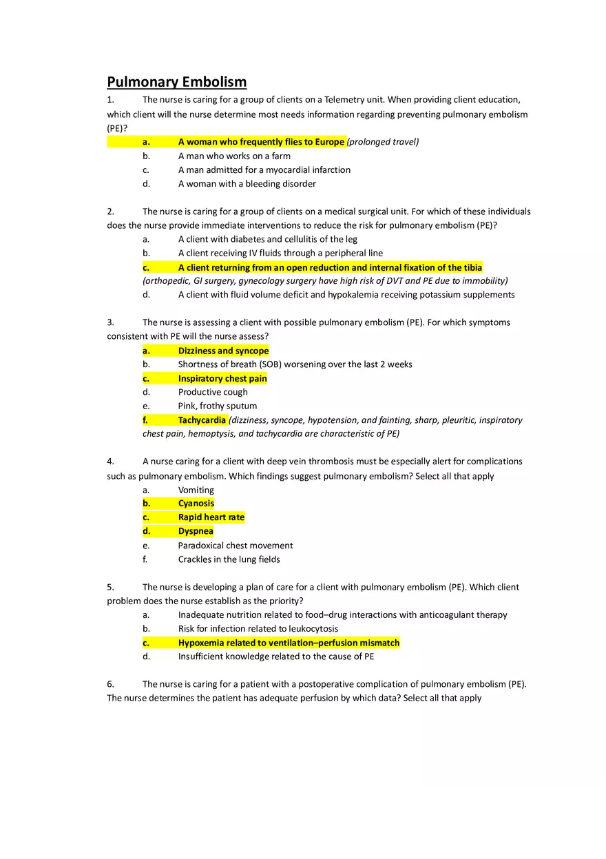 Med Surg Exam Pulmonary Embolism - Page 1