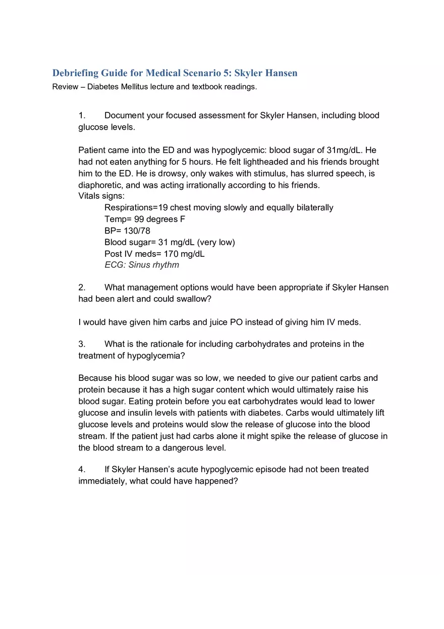 Debriefing Guide for Medical Scenario 5 Skyler Hansen - Page 1