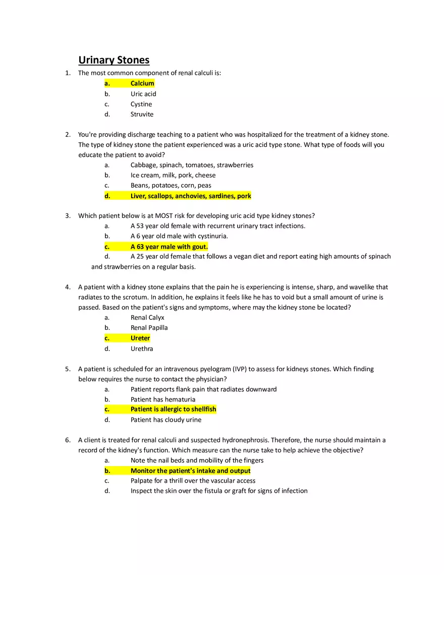 Med Surg Exam Urinary Stones - Page 1