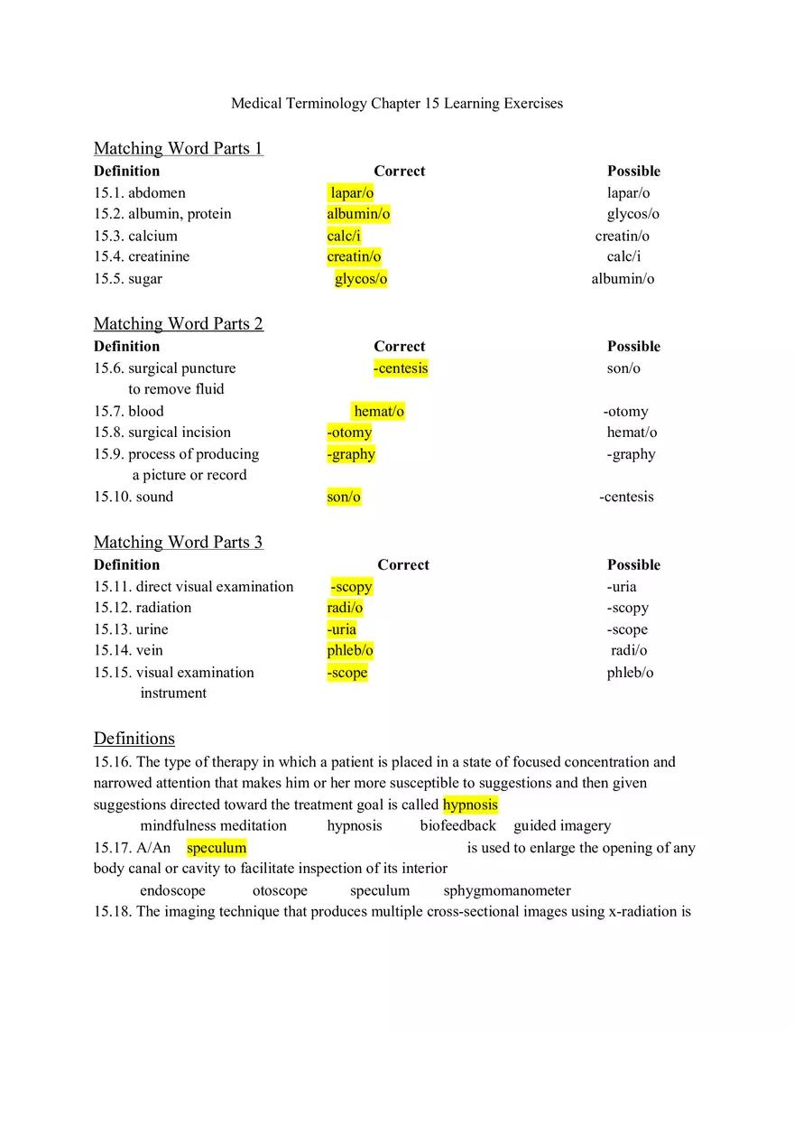 Medical Terminology Chapter 15 Learning Exercises - Page 1