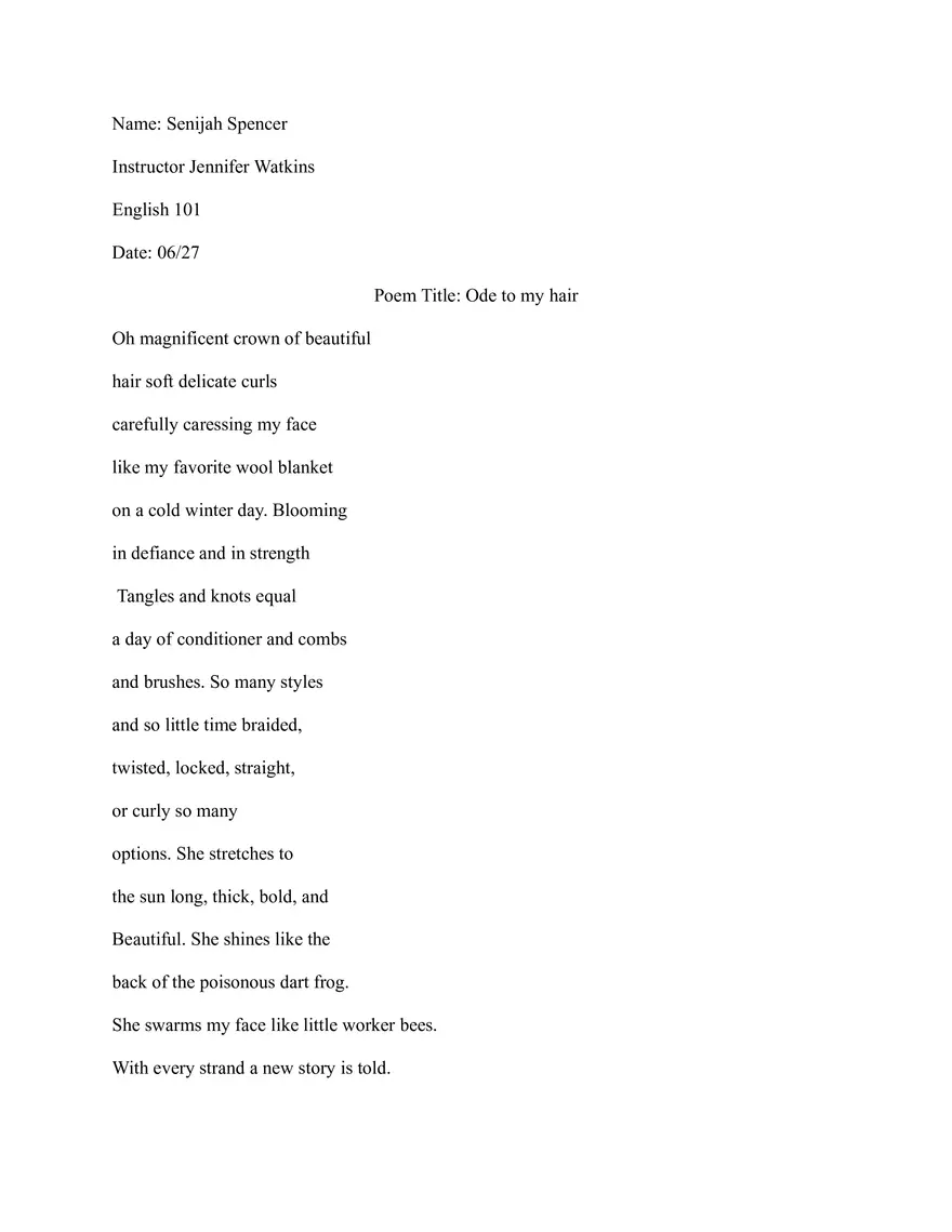 Poem Title: Ode to my Hair - Page 1