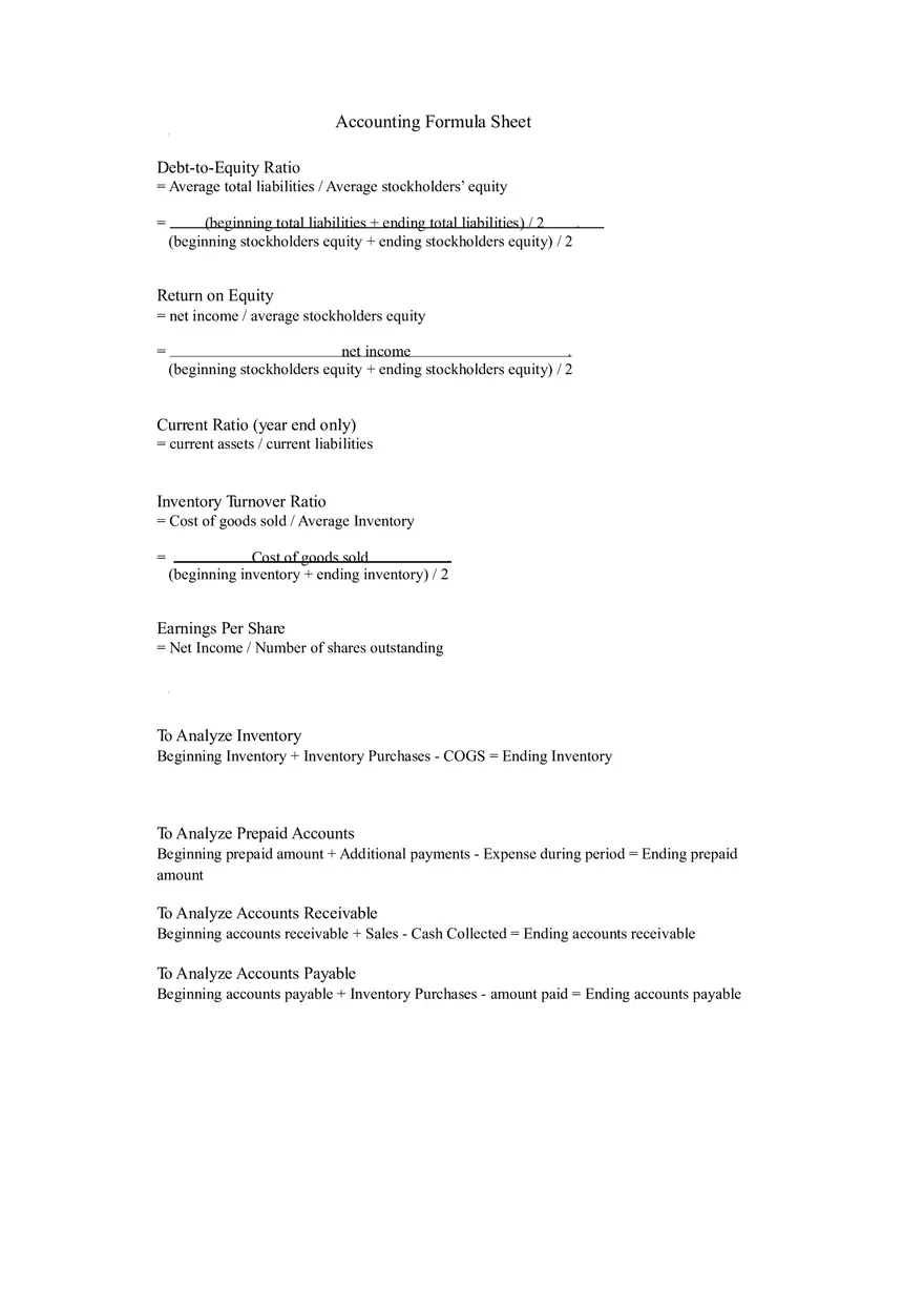 Accounting Formula Sheet Final Exam - Page 1