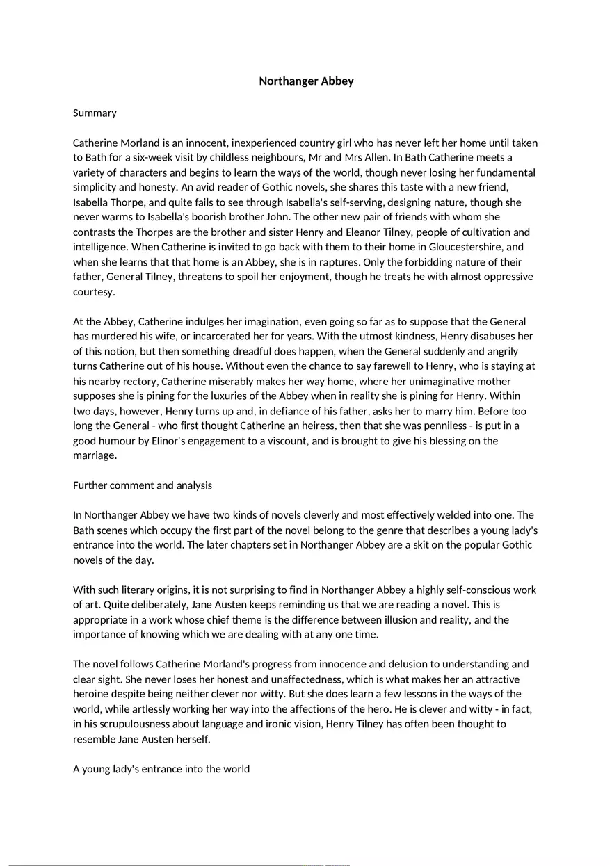 Northanger Abbey - Summary - Page 1