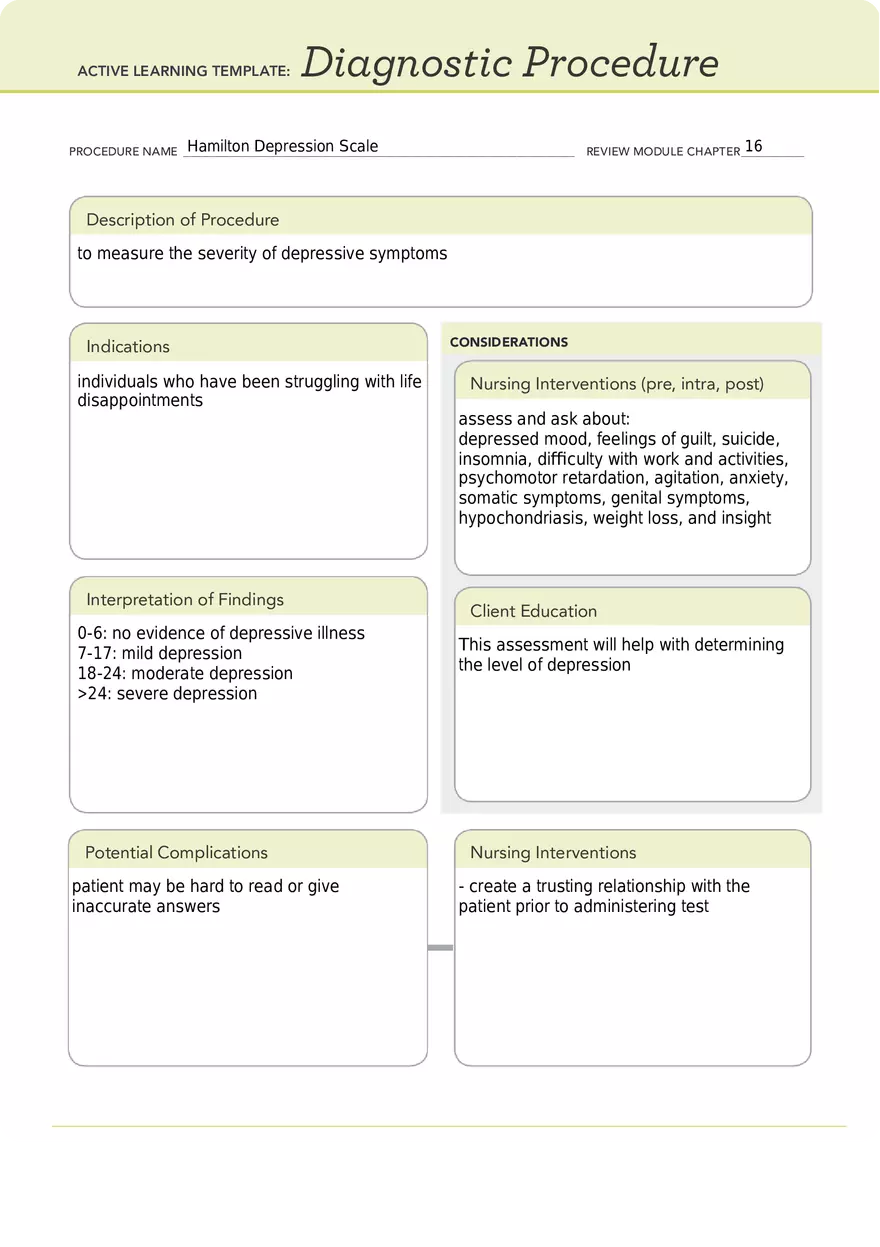 Hamilton Depression Diagnostic Procedure ATI Template - Page 1