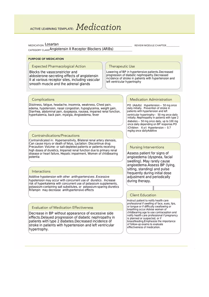 Losartan - ATI Medication Template - Page 1