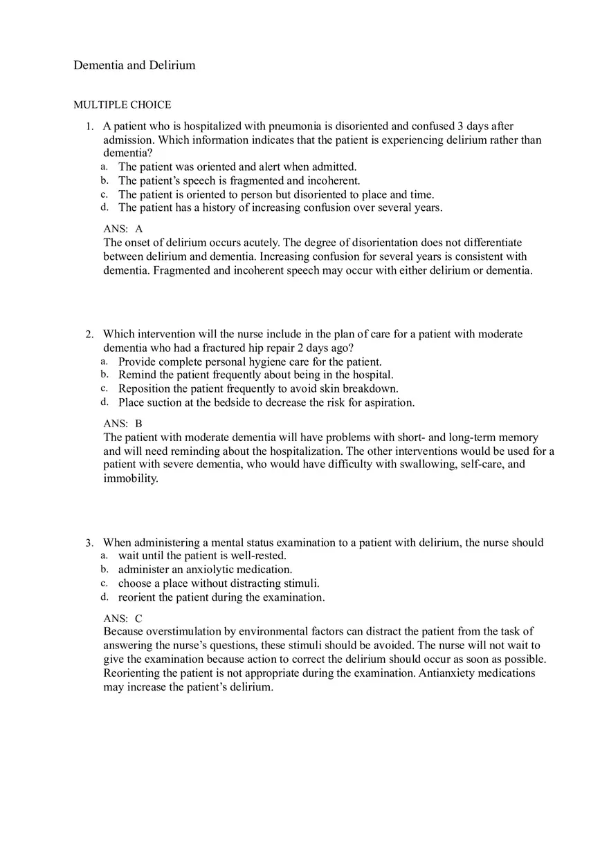 Dementia and Delirium Test Bank - Page 1