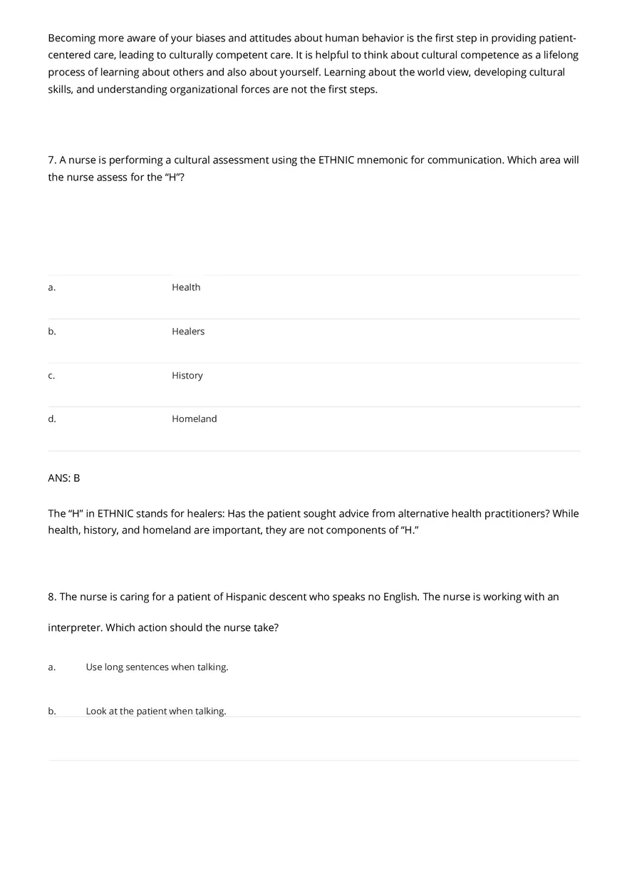 Cultural Awareness Nursing Test Banks with Answers - Page 10