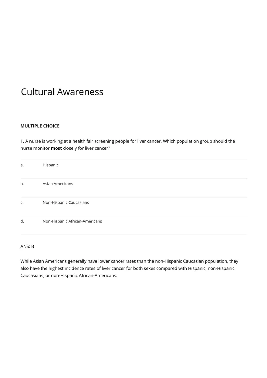 Cultural Awareness Nursing Test Banks with Answers - Page 1