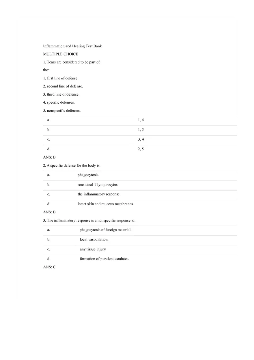 Answer Key - Inflammation and Healing Test Bank - Page 1