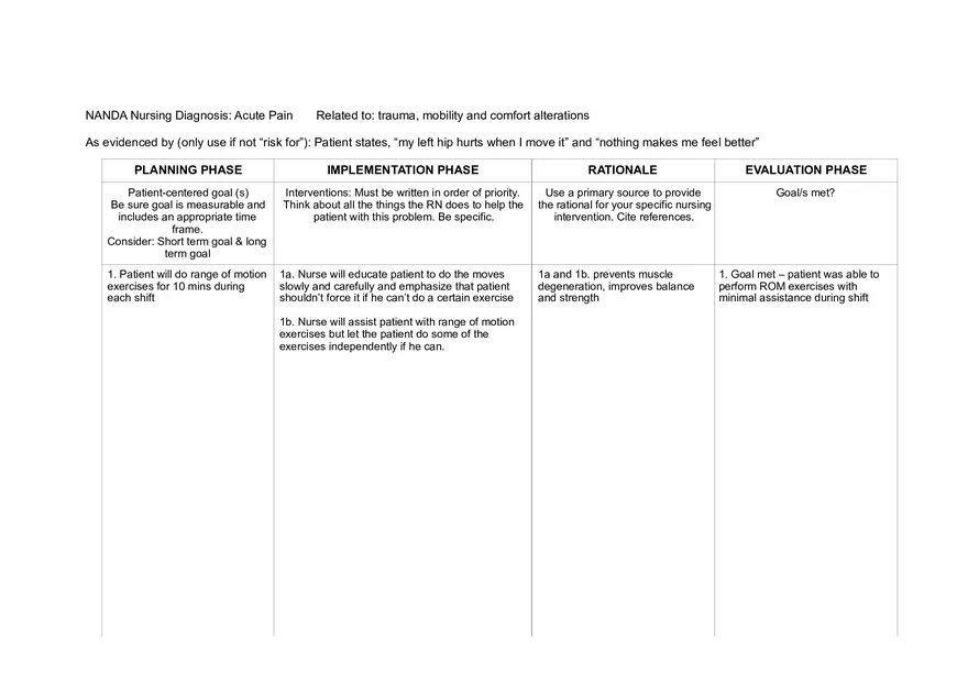 Acute Pain Careplan Template - Page 1