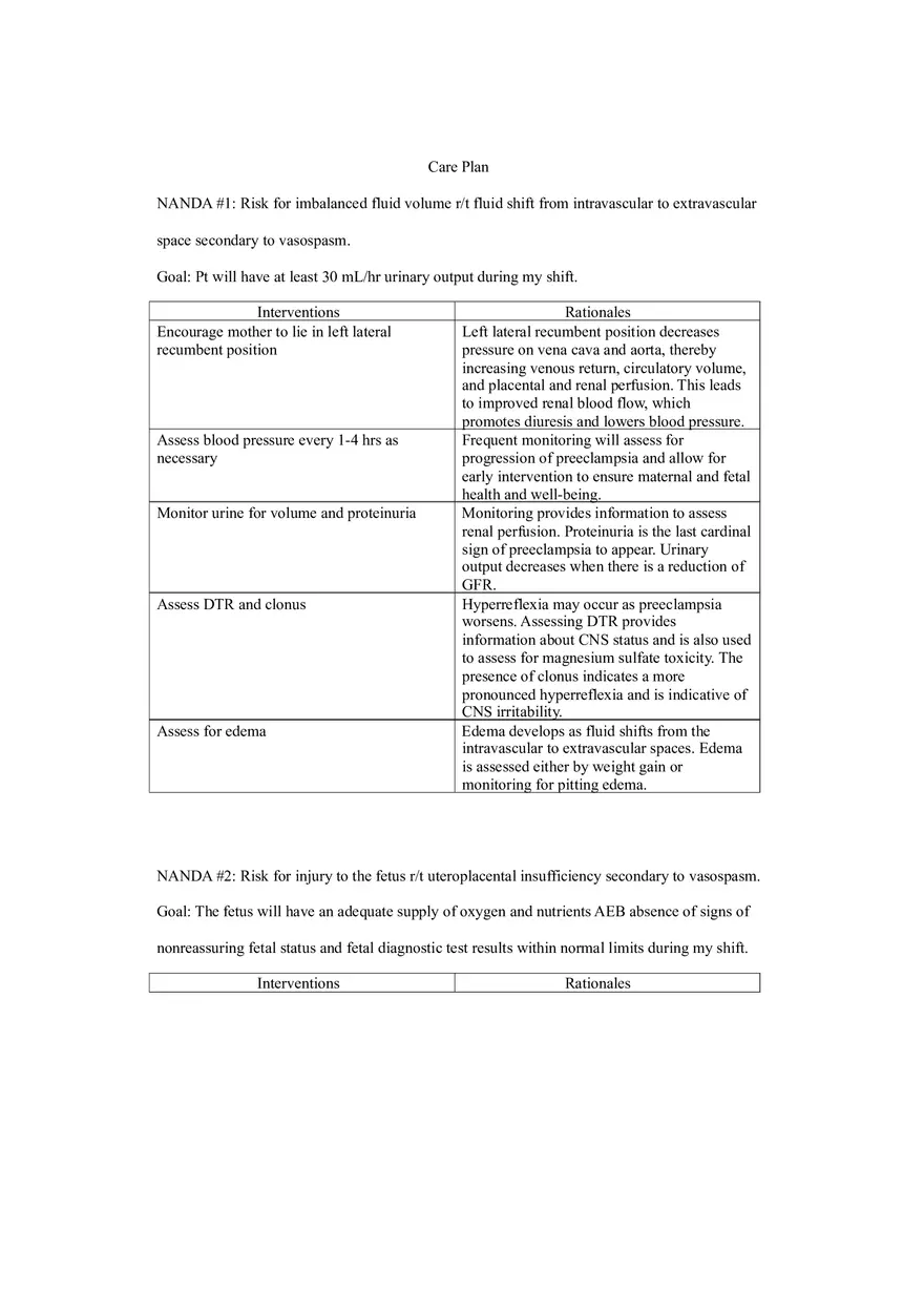 Preeclampsia Care Plan - Page 1