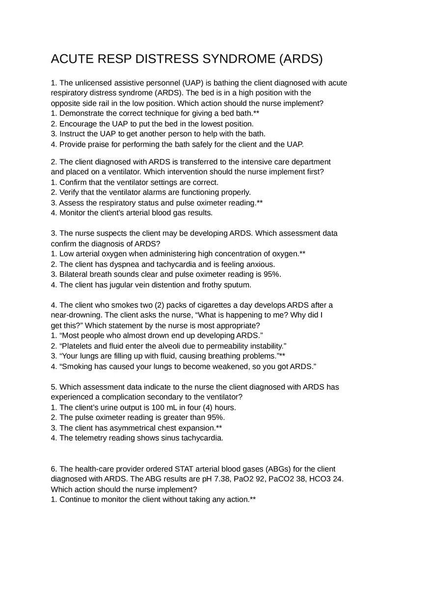 Acute Resp Distress Syndrome (ARDS) Answer Key Part 1 - Page 1