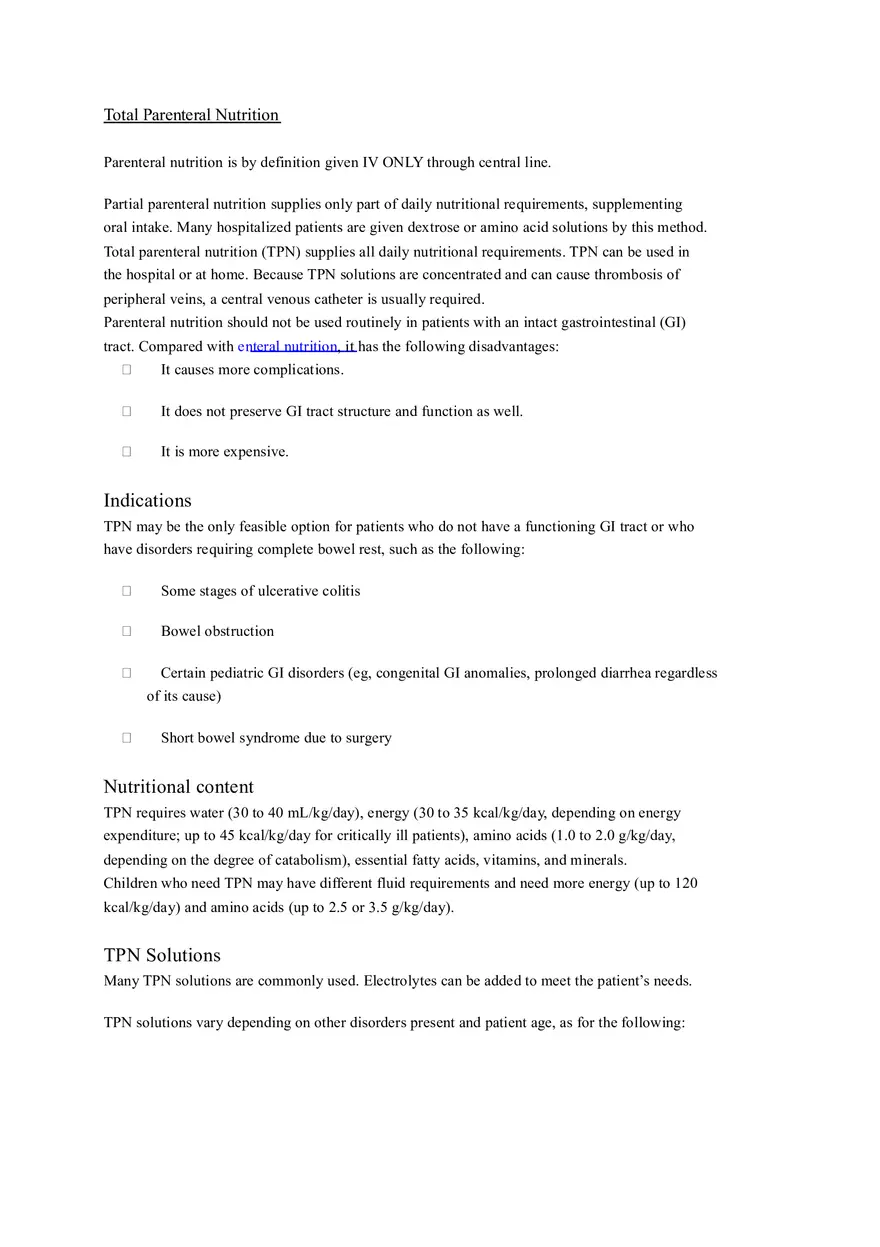Total Parenteral Nutrition Cheat Sheet for Clinical on Medical Surgical - Page 1