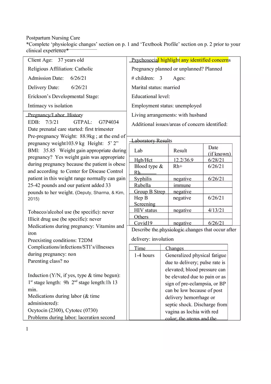 Care of the Childbearing Family Concept Map - Page 1