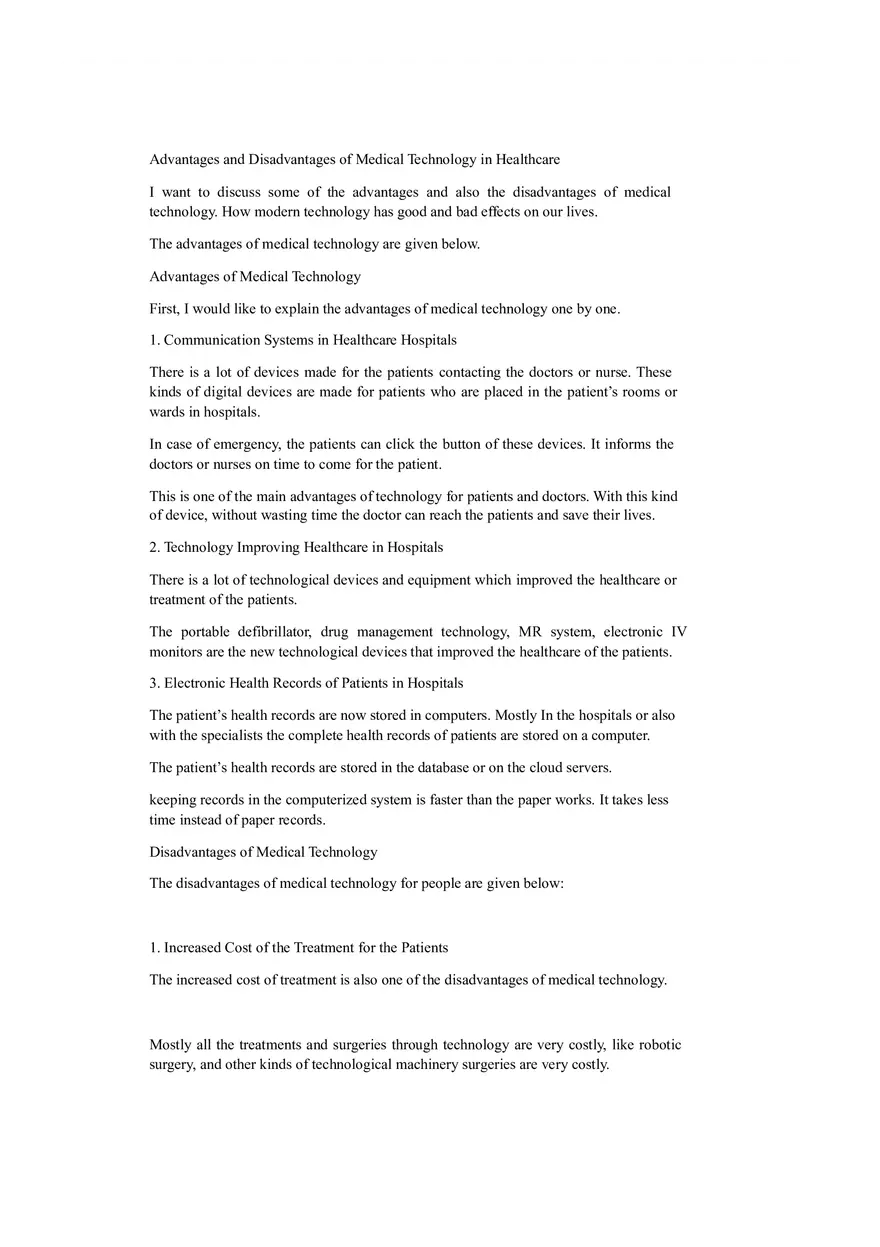 Advantages and Disadvantages of Medical Technology in Healthcare - Page 1