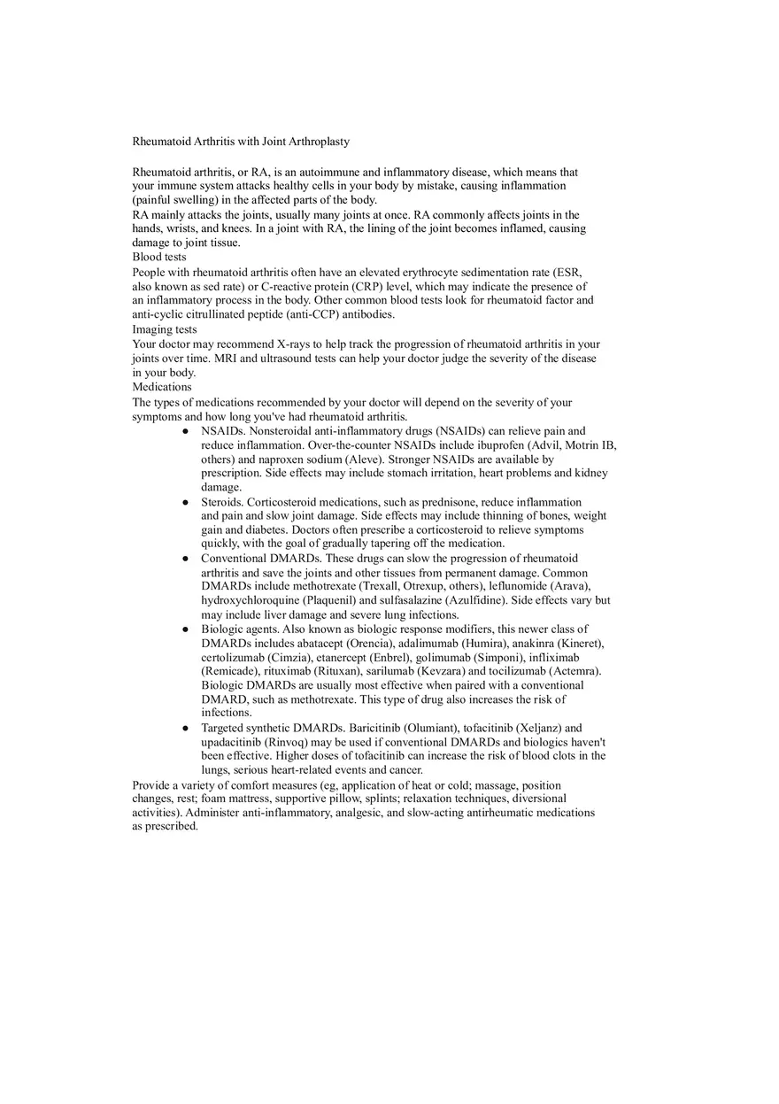 Rheumatoid Arthritis with Joint Arthroplasty Notes - Page 1