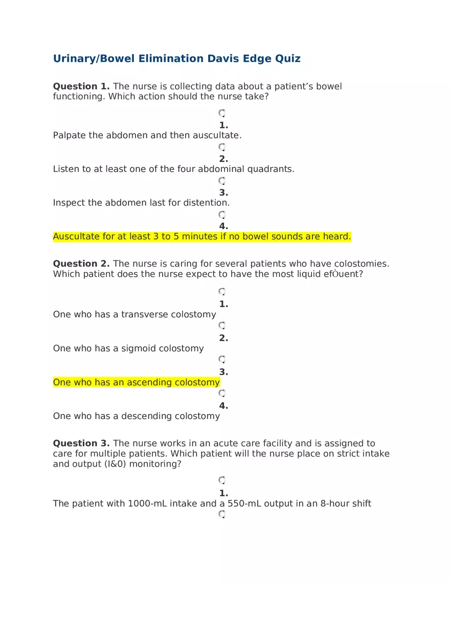 Urinary Bowel Elimination Davis Edge Quiz - Page 1