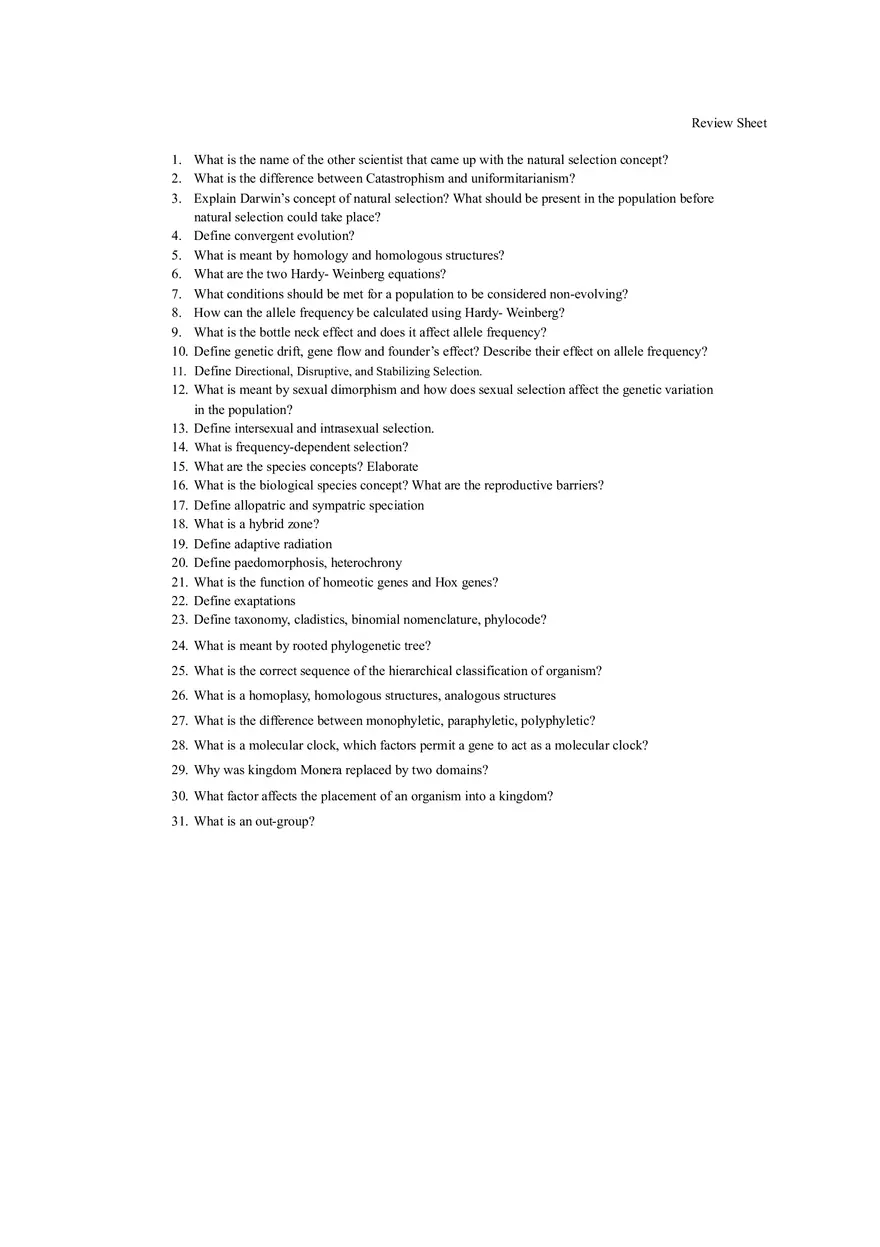 Principles of Evolution and Natural Selection Review Sheet - Page 1