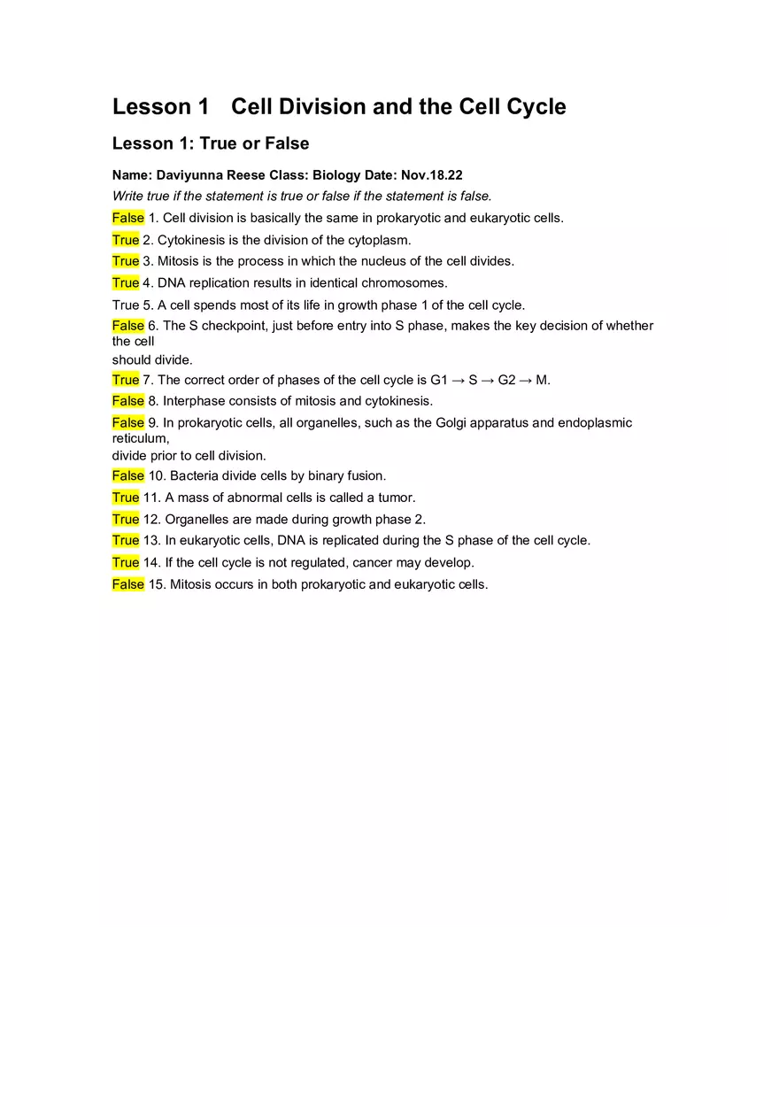 Cell Cycle Mitosis Meiosis Worksheet Answers - Page 1